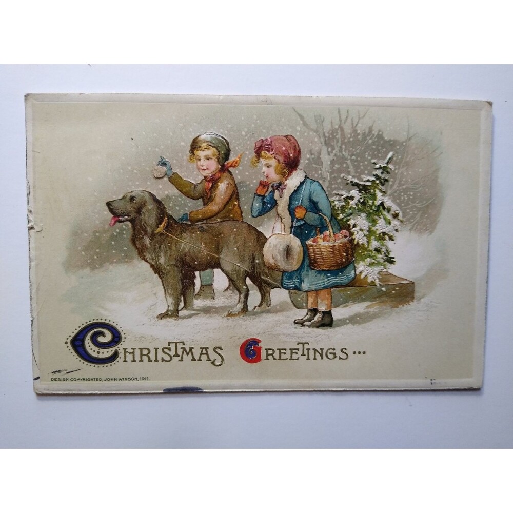 1911 John Winsch Christmas Postcard Children Dog Snow Winter Scene Embossed